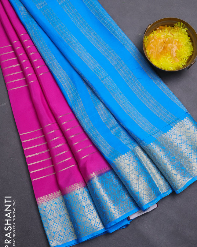 Semi mysore silk saree pink and cs blue with allover zari weaves and zari woven border
