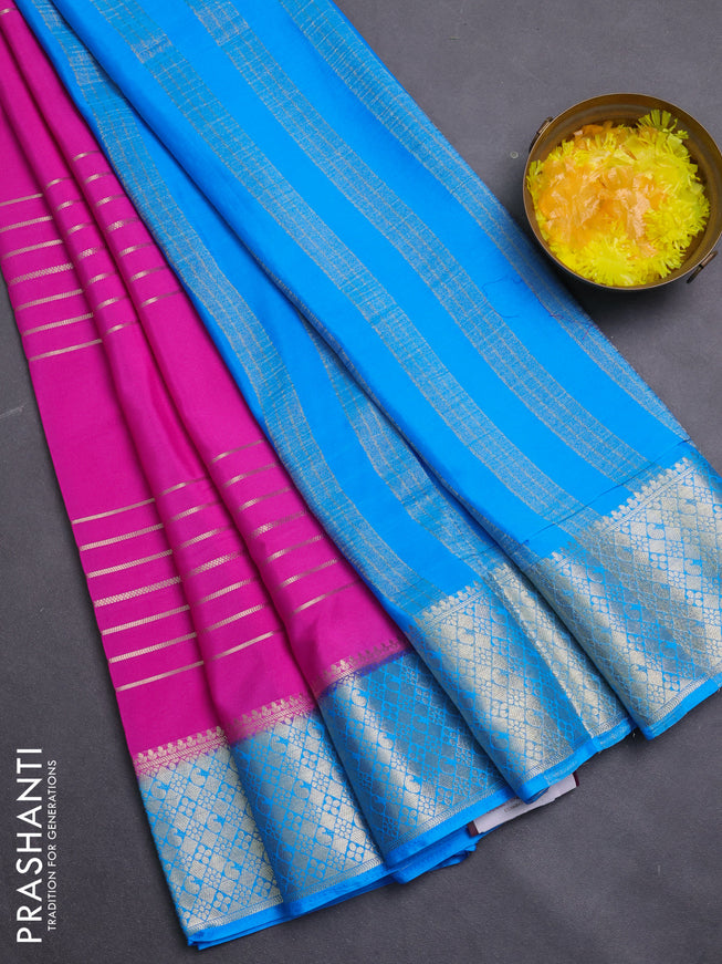 Semi mysore silk saree pink and cs blue with allover zari weaves and zari woven border