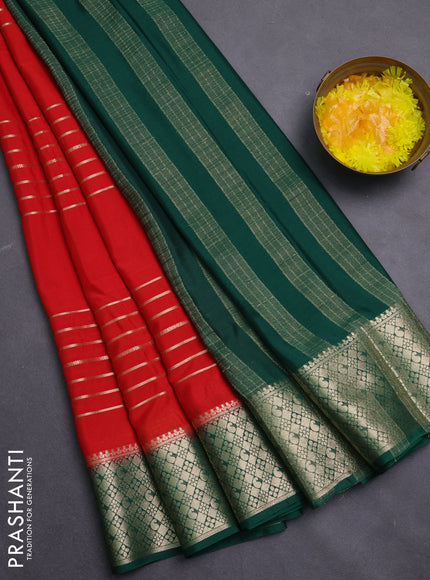 Semi mysore silk saree red and green with allover zari weaves and zari woven border