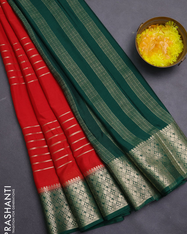 Semi mysore silk saree red and green with allover zari weaves and zari woven border