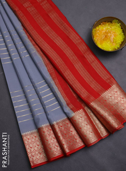 Semi mysore silk saree grey and red with allover zari weaves and zari woven border
