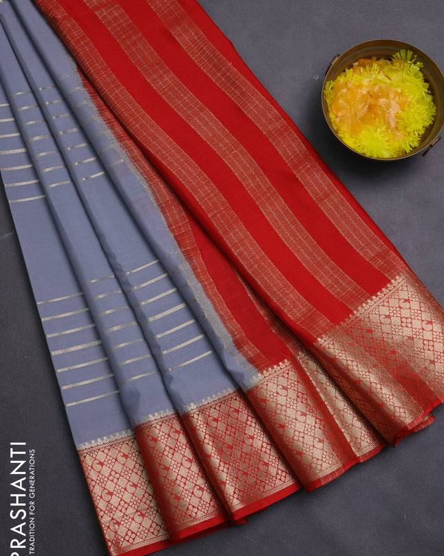Semi mysore silk saree grey and red with allover zari weaves and zari woven border