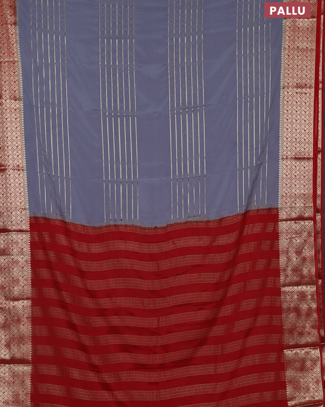 Semi mysore silk saree grey and red with allover zari weaves and zari woven border