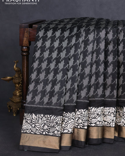 Semi dupion saree black with allover thread weaves and parsi embroidery work zari woven border