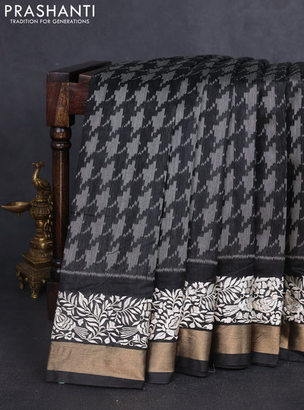 Semi dupion saree black with allover thread weaves and parsi embroidery work zari woven border