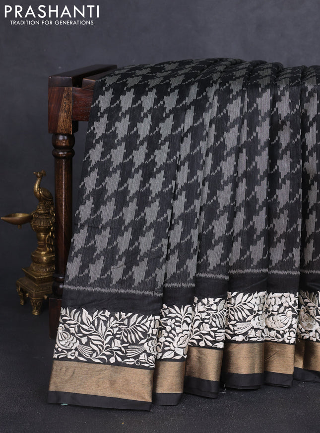 Semi dupion saree black with allover thread weaves and parsi embroidery work zari woven border