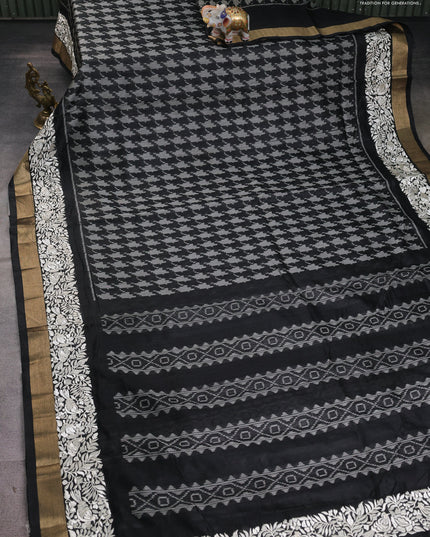 Semi dupion saree black with allover thread weaves and parsi embroidery work zari woven border
