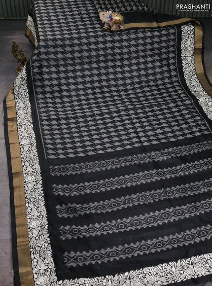 Semi dupion saree black with allover thread weaves and parsi embroidery work zari woven border