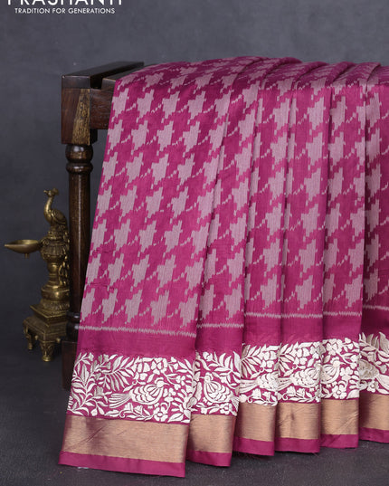Semi dupion saree magenta pink with allover thread weaves and parsi embroidery work zari woven border