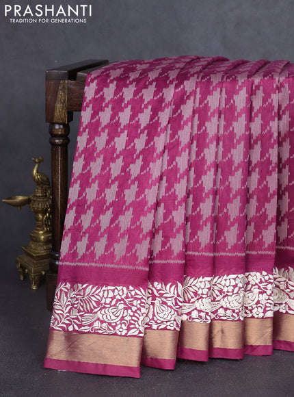 Semi dupion saree magenta pink with allover thread weaves and parsi embroidery work zari woven border