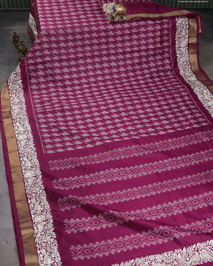 Semi dupion saree magenta pink with allover thread weaves and parsi embroidery work zari woven border