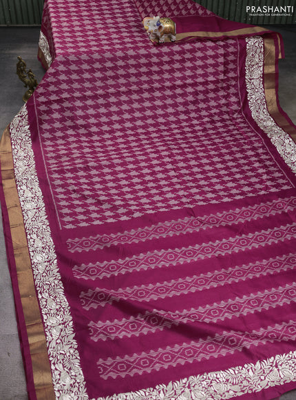 Semi dupion saree magenta pink with allover thread weaves and parsi embroidery work zari woven border