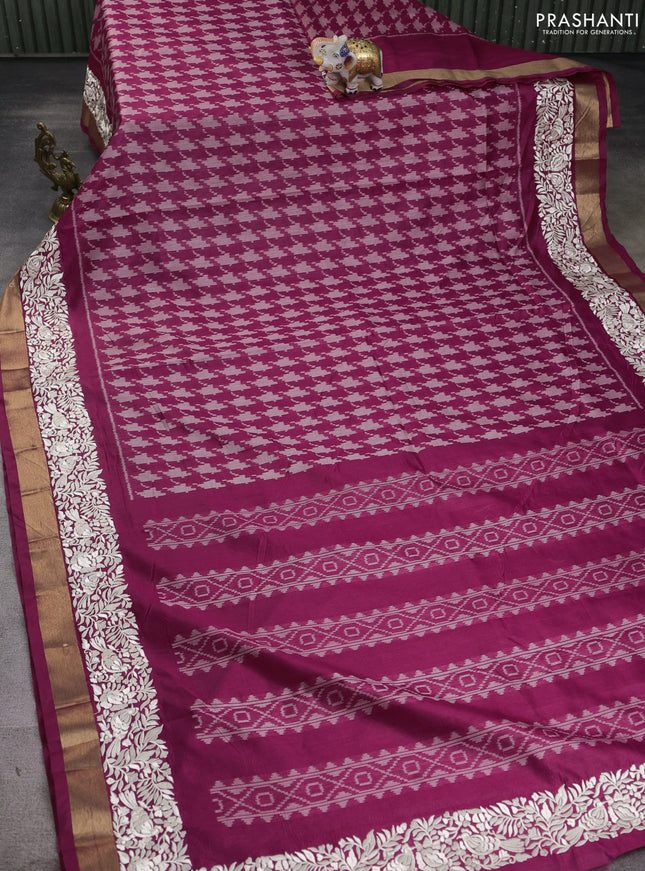 Semi dupion saree magenta pink with allover thread weaves and parsi embroidery work zari woven border