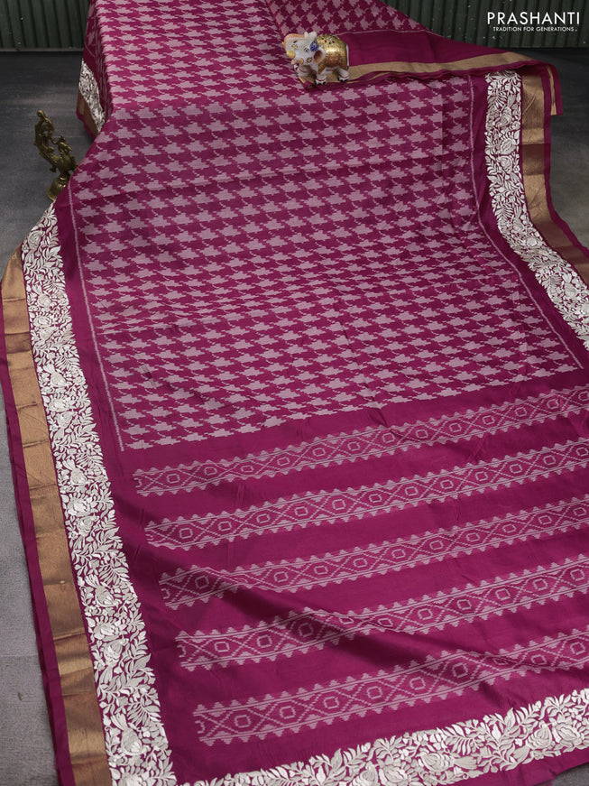 Semi dupion saree magenta pink with allover thread weaves and parsi embroidery work zari woven border