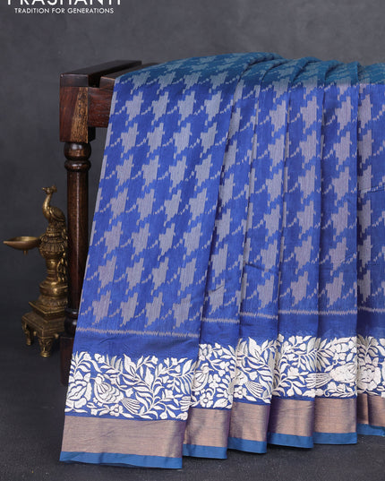 Semi dupion saree blue with allover thread weaves and parsi embroidery work zari woven border