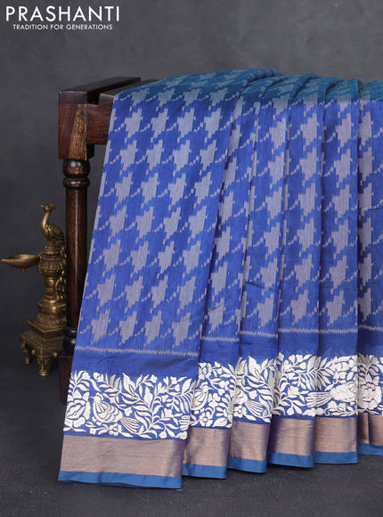 Semi dupion saree blue with allover thread weaves and parsi embroidery work zari woven border