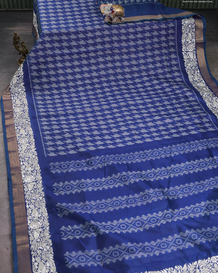 Semi dupion saree blue with allover thread weaves and parsi embroidery work zari woven border