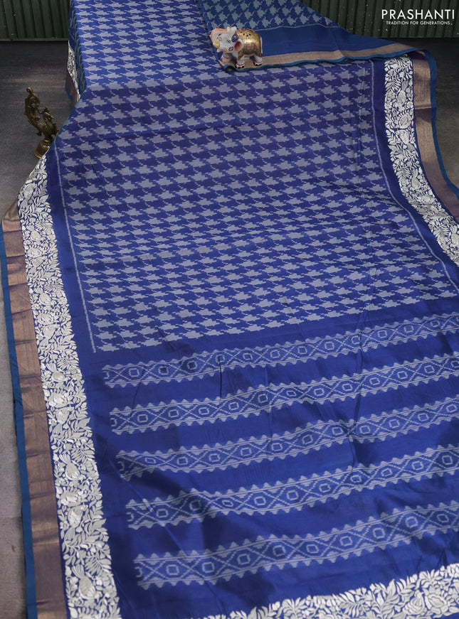 Semi dupion saree blue with allover thread weaves and parsi embroidery work zari woven border