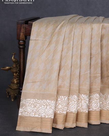 Semi dupion saree beige with allover thread weaves and parsi embroidery work zari woven border