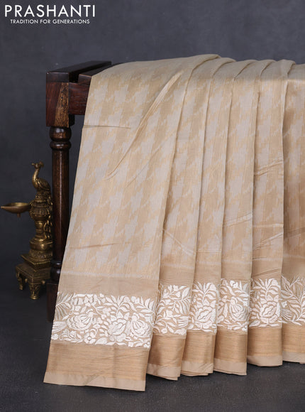 Semi dupion saree beige with allover thread weaves and parsi embroidery work zari woven border