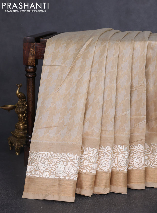Semi dupion saree beige with allover thread weaves and parsi embroidery work zari woven border