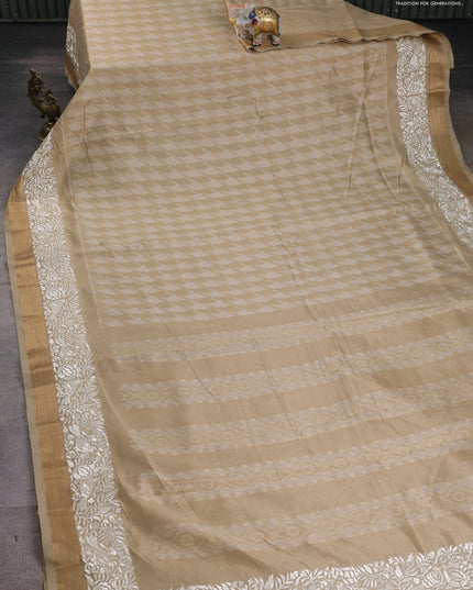 Semi dupion saree beige with allover thread weaves and parsi embroidery work zari woven border