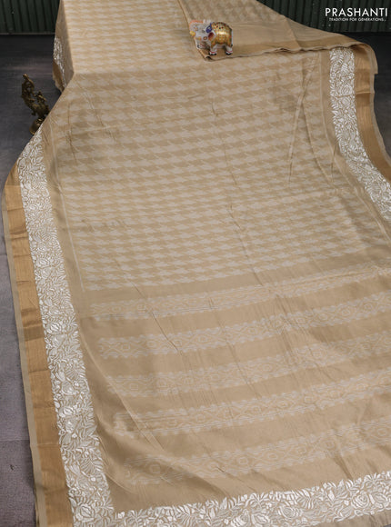 Semi dupion saree beige with allover thread weaves and parsi embroidery work zari woven border