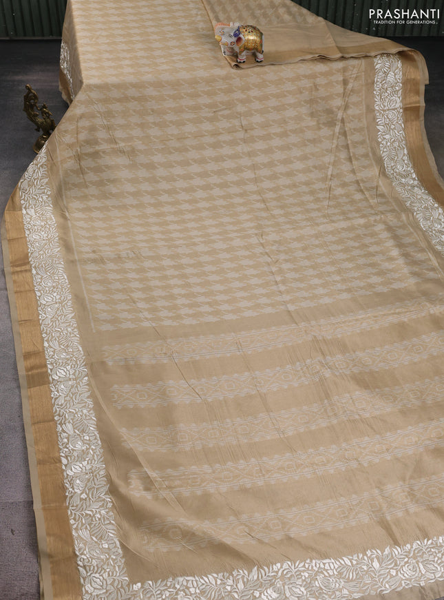 Semi dupion saree beige with allover thread weaves and parsi embroidery work zari woven border