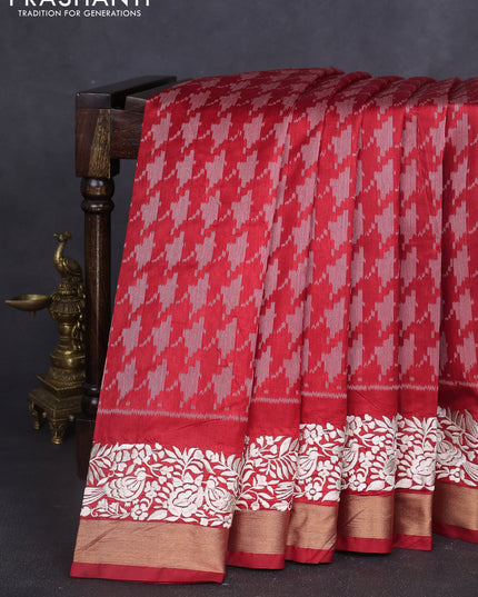 Semi dupion saree red with allover thread weaves and parsi embroidery work zari woven border