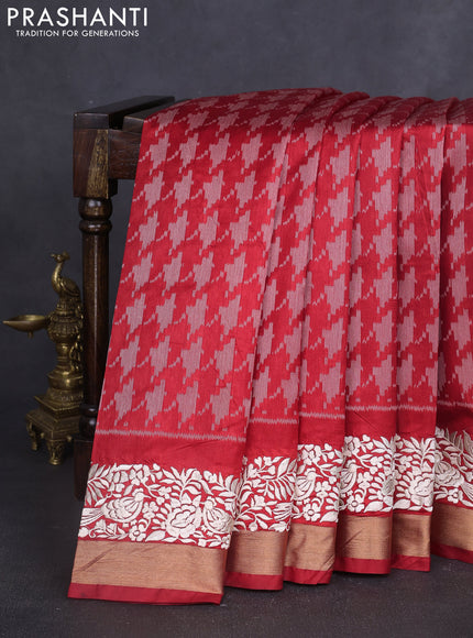 Semi dupion saree red with allover thread weaves and parsi embroidery work zari woven border