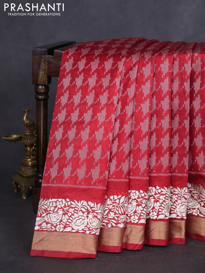 Semi dupion saree red with allover thread weaves and parsi embroidery work zari woven border