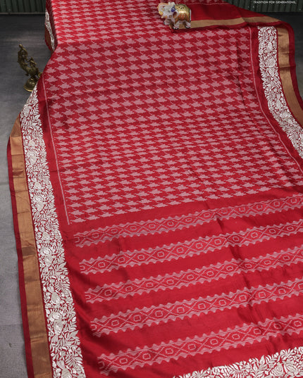 Semi dupion saree red with allover thread weaves and parsi embroidery work zari woven border