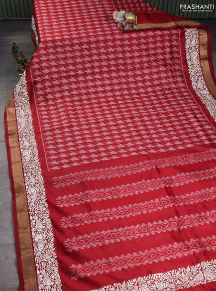 Semi dupion saree red with allover thread weaves and parsi embroidery work zari woven border