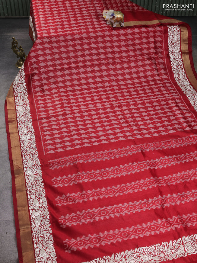 Semi dupion saree red with allover thread weaves and parsi embroidery work zari woven border