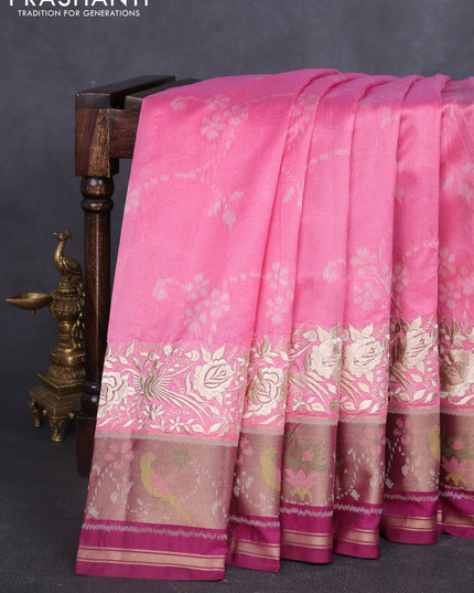 Semi dupion saree light pink and purple with allover thread weaves and parsi embroidery work zari woven border
