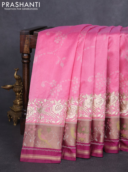 Semi dupion saree light pink and purple with allover thread weaves and parsi embroidery work zari woven border