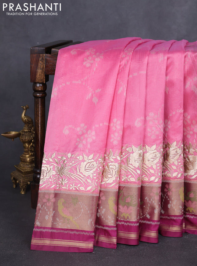 Semi dupion saree light pink and purple with allover thread weaves and parsi embroidery work zari woven border