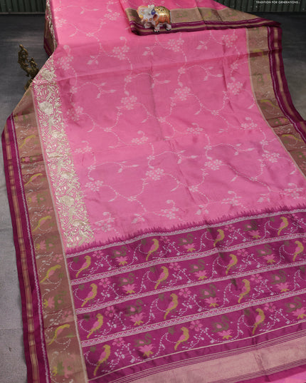 Semi dupion saree light pink and purple with allover thread weaves and parsi embroidery work zari woven border