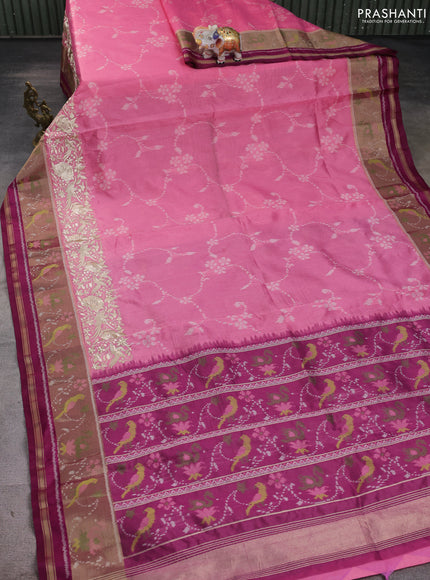 Semi dupion saree light pink and purple with allover thread weaves and parsi embroidery work zari woven border