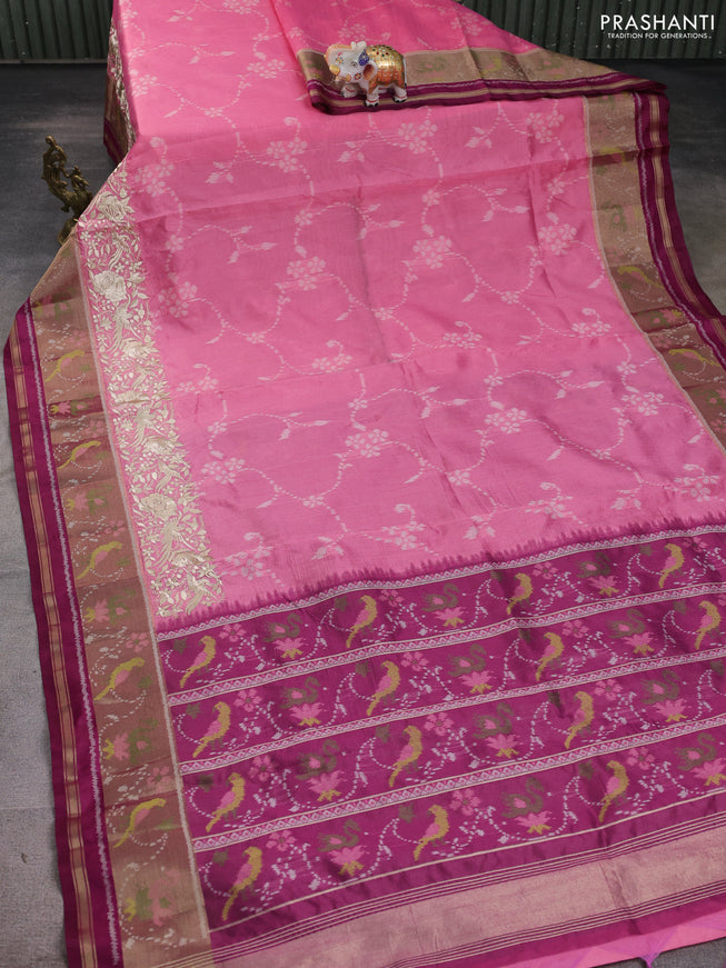Semi dupion saree light pink and purple with allover thread weaves and parsi embroidery work zari woven border