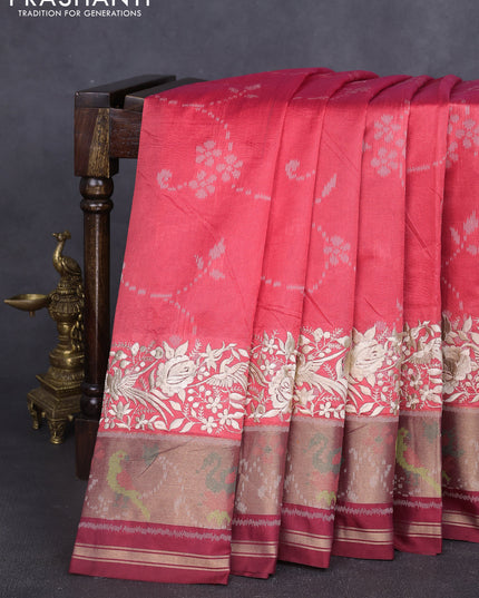 Semi dupion saree red shade and maroon with allover thread weaves and parsi embroidery work zari woven border