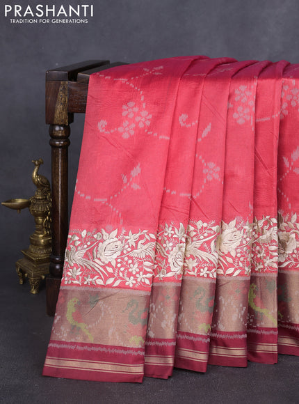 Semi dupion saree red shade and maroon with allover thread weaves and parsi embroidery work zari woven border