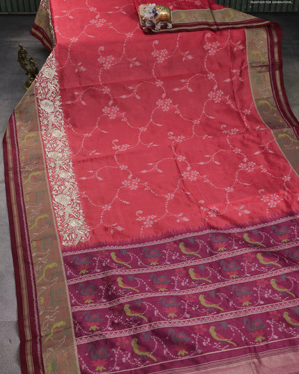 Semi dupion saree red shade and maroon with allover thread weaves and parsi embroidery work zari woven border