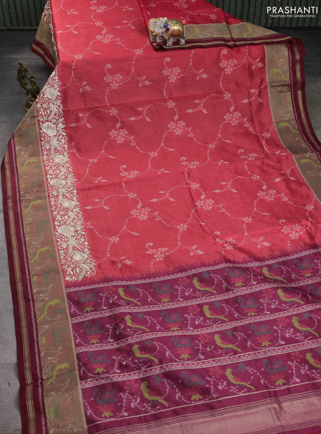 Semi dupion saree red shade and maroon with allover thread weaves and parsi embroidery work zari woven border