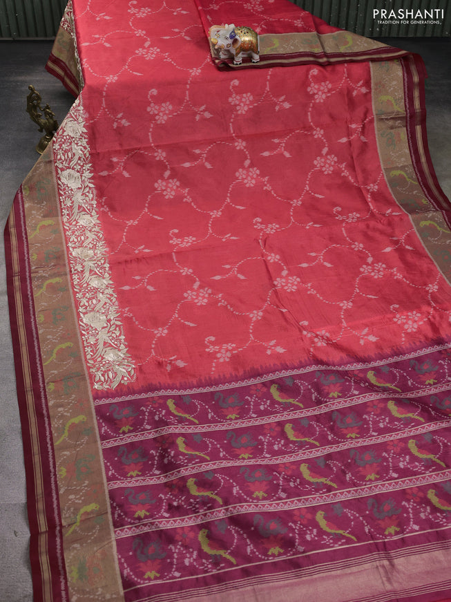 Semi dupion saree red shade and maroon with allover thread weaves and parsi embroidery work zari woven border