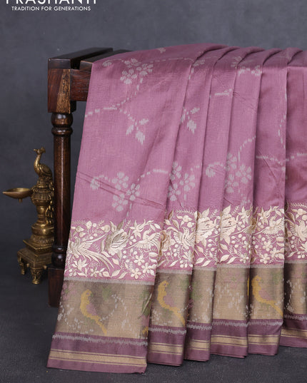 Semi dupion saree mauve pink and rosy brown with allover thread weaves and parsi embroidery work zari woven border