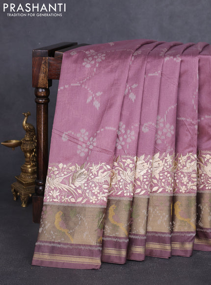 Semi dupion saree mauve pink and rosy brown with allover thread weaves and parsi embroidery work zari woven border