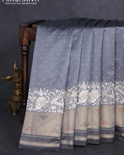 Semi dupion saree grey and black with allover thread & zari woven buttas and parsi embroidery work zari woven border