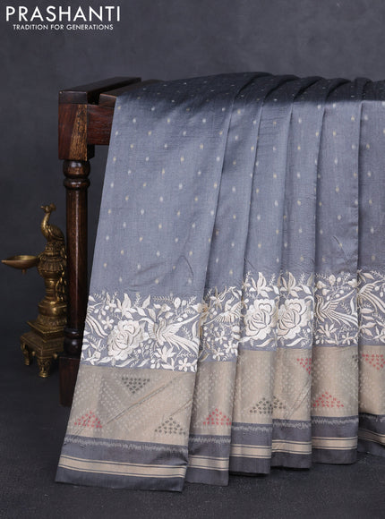 Semi dupion saree grey and black with allover thread & zari woven buttas and parsi embroidery work zari woven border