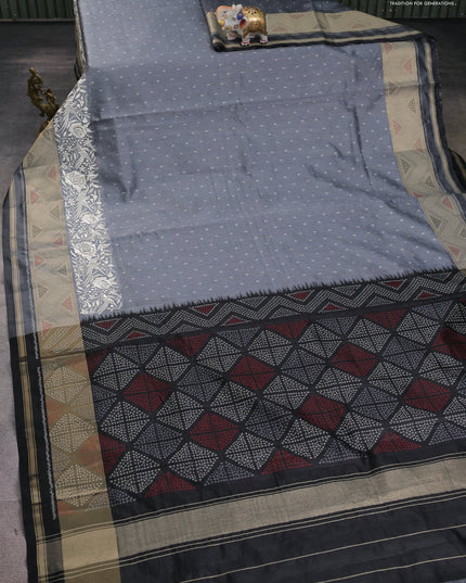 Semi dupion saree grey and black with allover thread & zari woven buttas and parsi embroidery work zari woven border